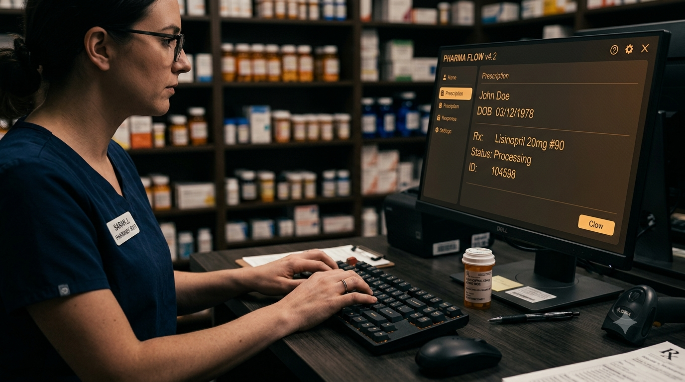 Pharmacist using FlowRx prescription management software.